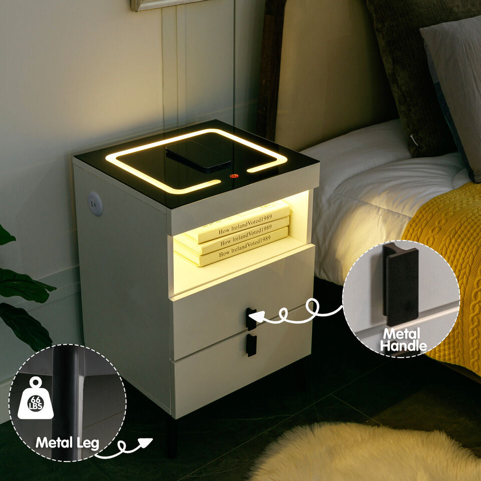 COSVALVE White Modern LED Nightstand Side End Table Touch Screen w/Charging 2 Drawers USB Image 5