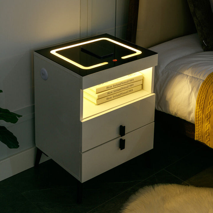 COSVALVE White Modern LED Nightstand Side End Table Touch Screen w/Charging 2 Drawers USB Image 8