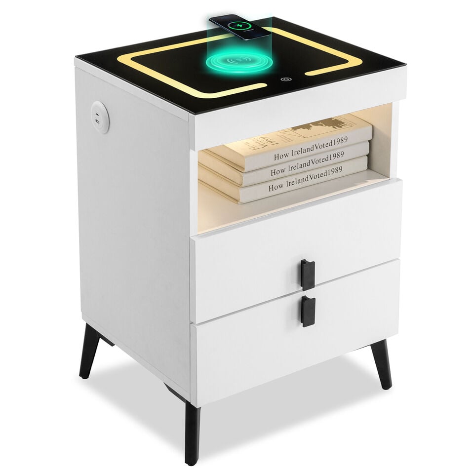 COSVALVE White Modern LED Nightstand Side End Table Touch Screen w/Charging 2 Drawers USB Image 9