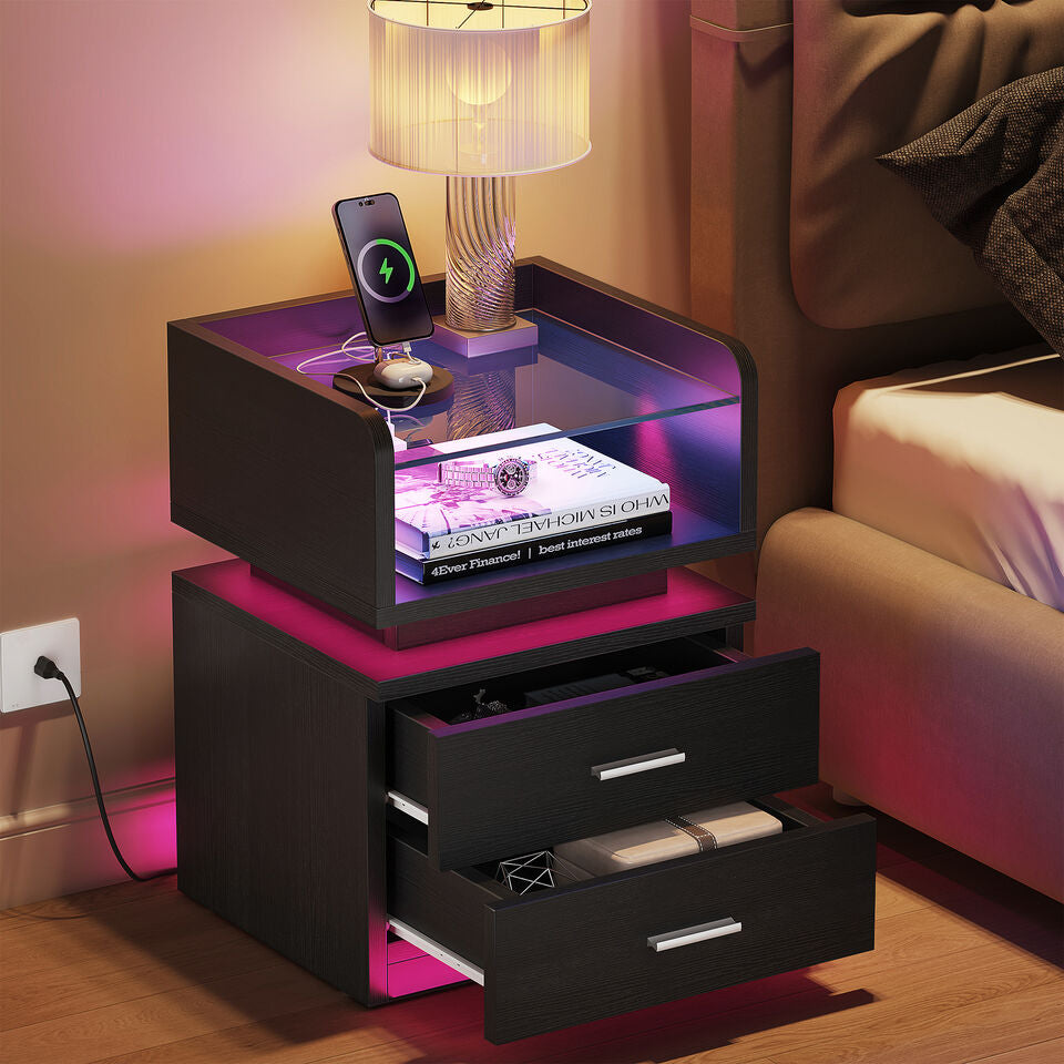 TAUS LED Nightstand Bedside Table 2 Drawers with Charging Station and USB Ports Image 2