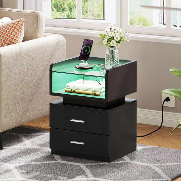 TAUS LED Nightstand Bedside Table 2 Drawers with Charging Station and USB Ports Image 3