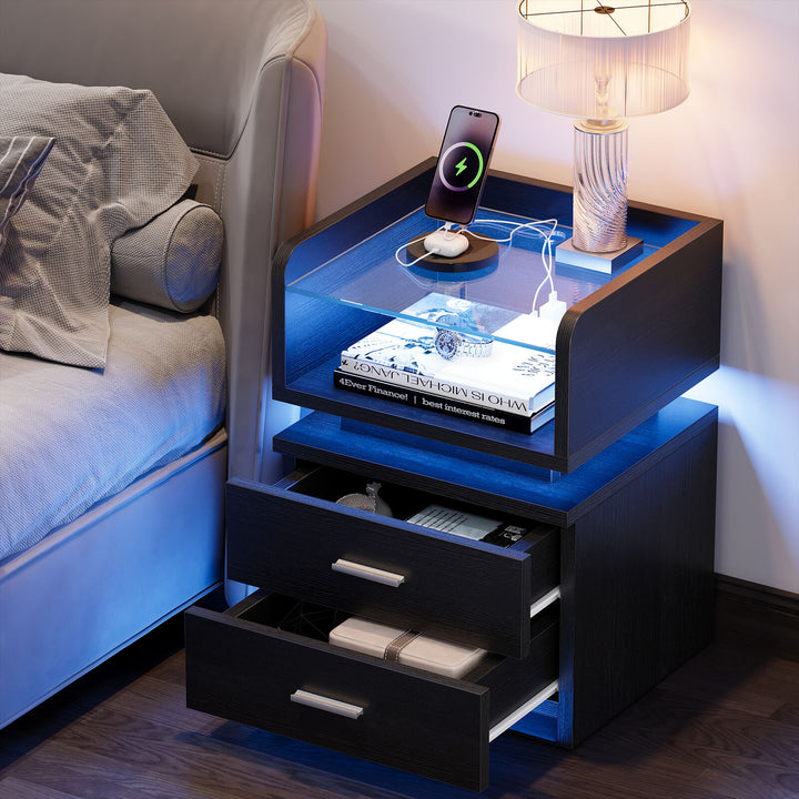 TAUS LED Nightstand Bedside Table 2 Drawers with Charging Station and USB Ports Image 4