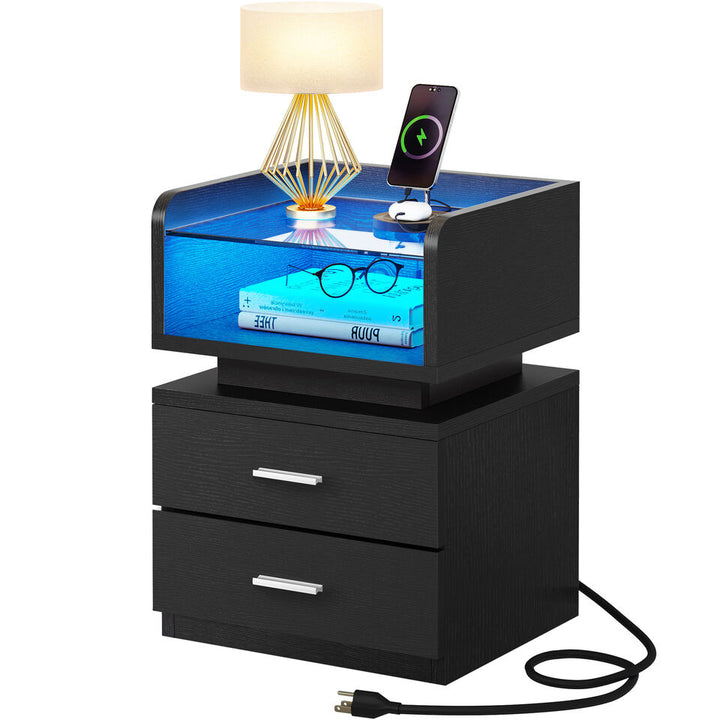 TAUS LED Nightstand Bedside Table 2 Drawers with Charging Station and USB Ports Image 5