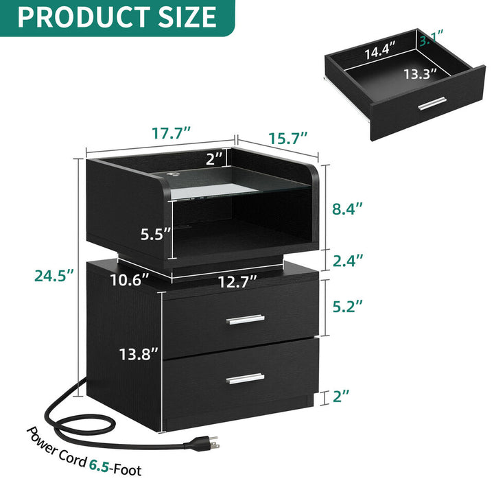 TAUS LED Nightstand Bedside Table 2 Drawers with Charging Station and USB Ports Image 6