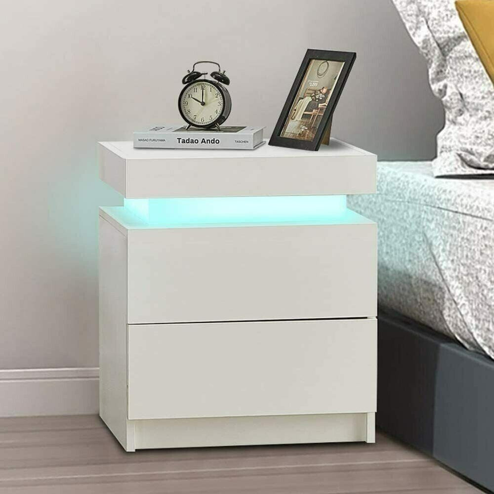 CLIPOP LED Bedside Table Nightstand With Drawers Storage Bedroom High Gloss White Image 2