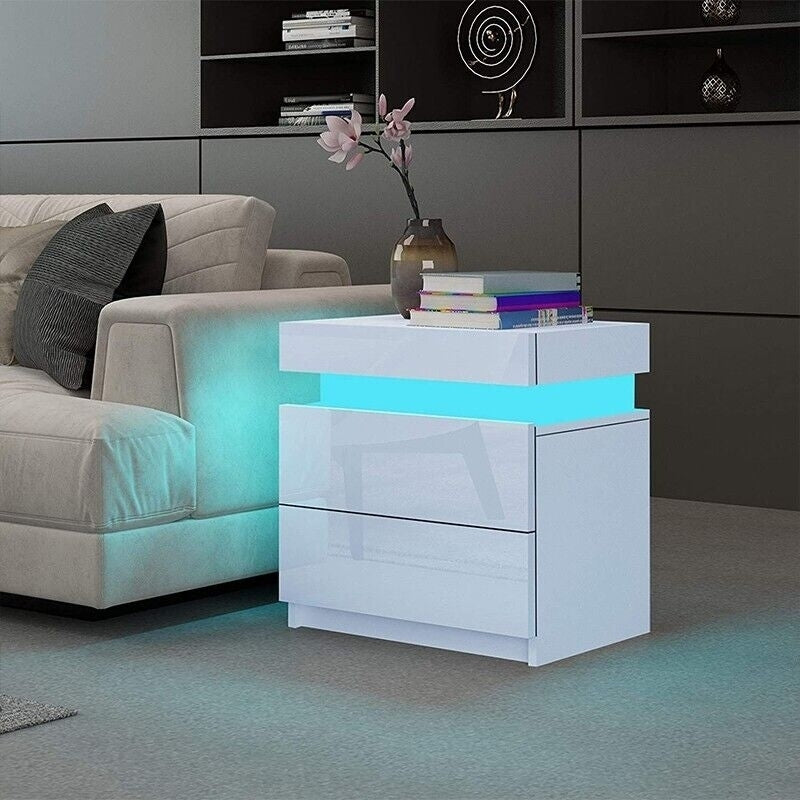 CLIPOP LED Bedside Table Nightstand With Drawers Storage Bedroom High Gloss White Image 3