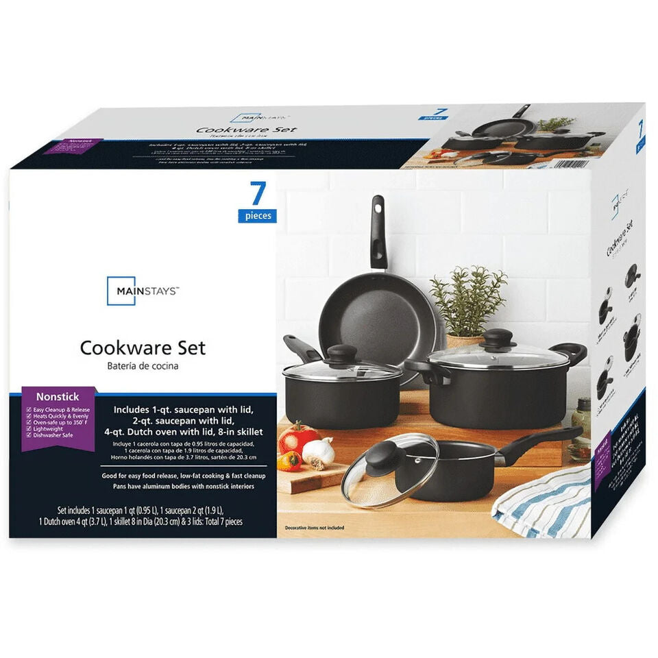 Mainstays 7 Piece Aluminum Non-Stick Dishwasher Safe Cookware Set Pots and Pans Black Image 3