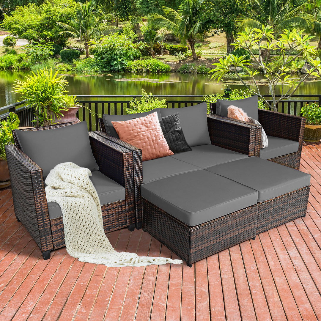 Costway 5PCS Patio Rattan Furniture Set Loveseat Sofa Ottoman Cushioned Red\White Image 1