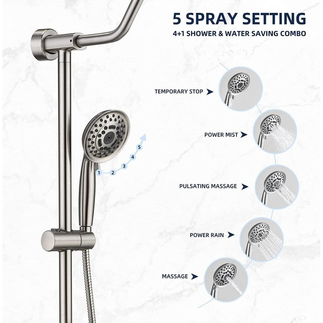 Exbrite Shower System Rain Showerhead Brushed Nickel 5 Spray Settings Adjustable Image 3