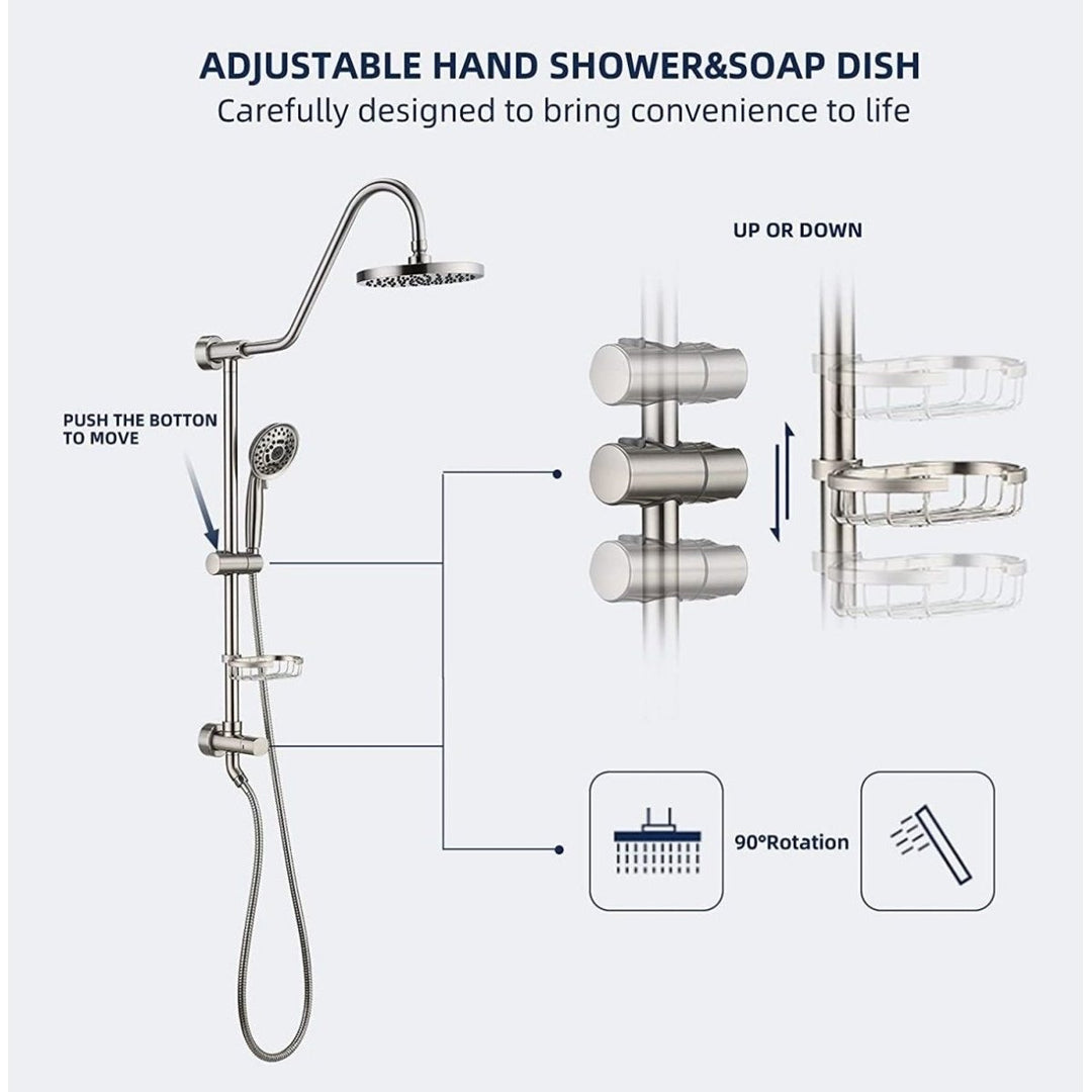 Exbrite Shower System Rain Showerhead Brushed Nickel 5 Spray Settings Adjustable Image 6