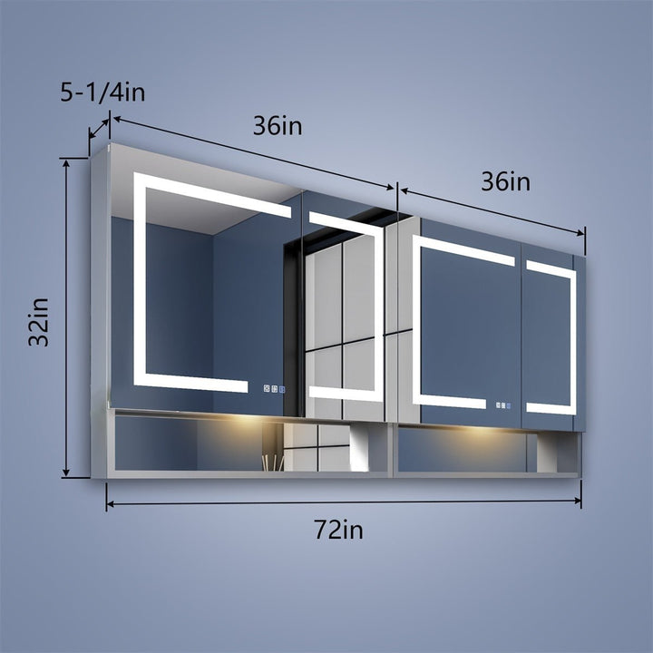 Ample 72" W x 32" H LED Lighted Mirror Chrome Medicine Cabinet with Shelves for Bathroom Recessed or Surface Mount Image 3