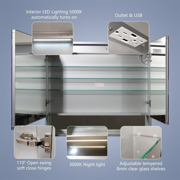 Ample 72" W x 32" H LED Lighted Mirror Chrome Medicine Cabinet with Shelves for Bathroom Recessed or Surface Mount Image 4