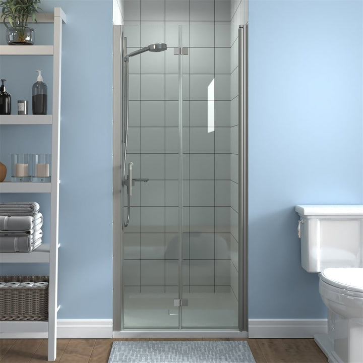 Exbrite Adapt Bifold Shower Door 32-33 in.W x 72 in.H Pivot Swing Shower Doors,Brushed Nickel,Tempered Glass Image 1