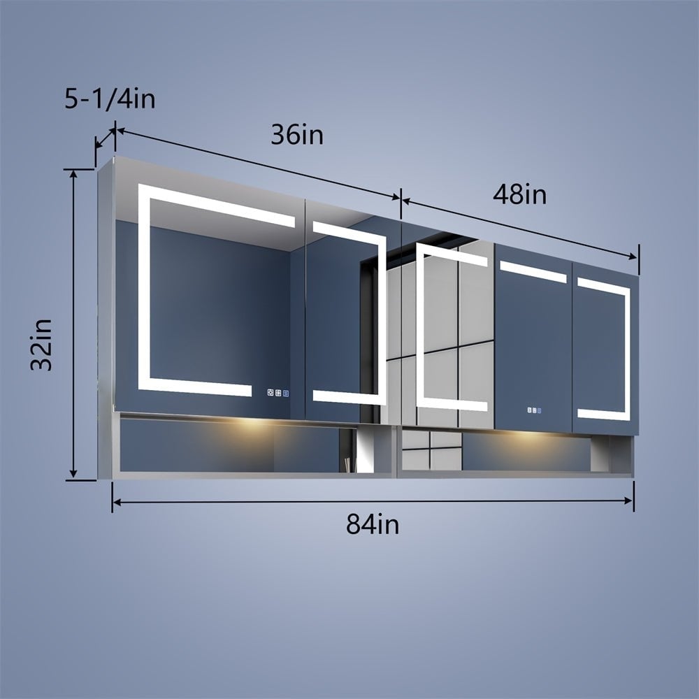Ample 84" W x 32" H LED Lighted Mirror Chrome Medicine Cabinet with Shelves for Bathroom Recessed or Surface Mount Image 2
