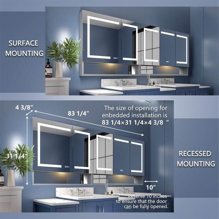 Ample 84" W x 32" H LED Lighted Mirror Chrome Medicine Cabinet with Shelves for Bathroom Recessed or Surface Mount Image 3