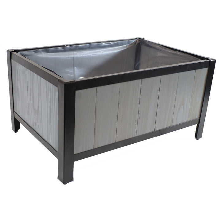 Sunnydaze Acacia Steel-Frame Planter Box with Planter Bag - 15.5" H - Gray Image 1