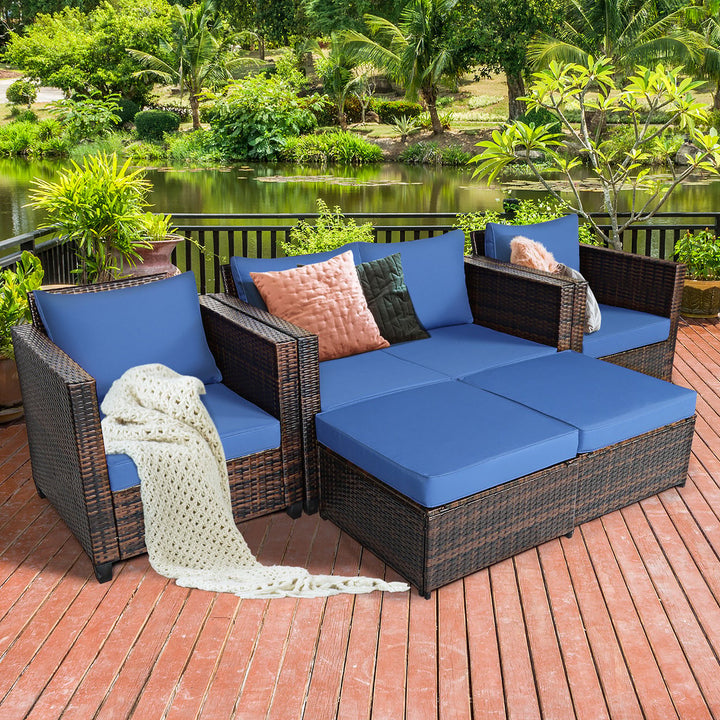 Costway 5PCS Patio Rattan Furniture Set Loveseat Sofa Ottoman Cushioned Red\White Image 1