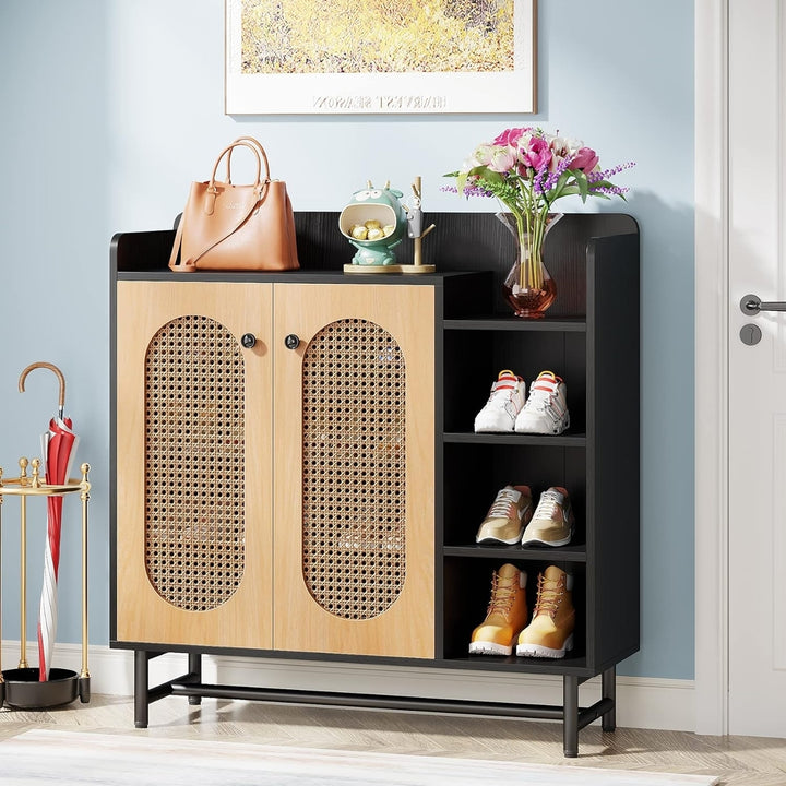 Tribesigns Rattan Shoe Cabinet, Shoe Storage Cabinet with 2 Rattan Door and 4-Tier Open Shelves, Wood Shoe Organizer Image 1