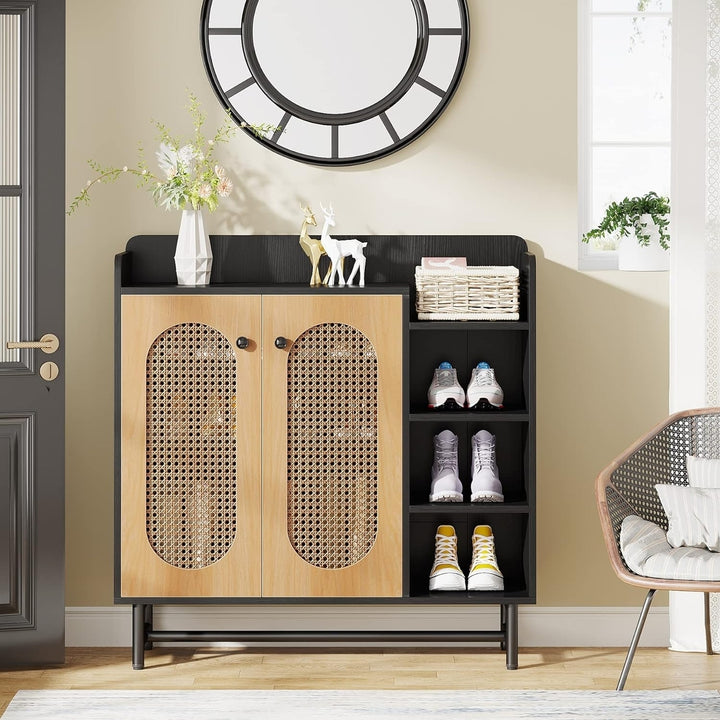 Tribesigns Rattan Shoe Cabinet, Shoe Storage Cabinet with 2 Rattan Door and 4-Tier Open Shelves, Wood Shoe Organizer Image 2