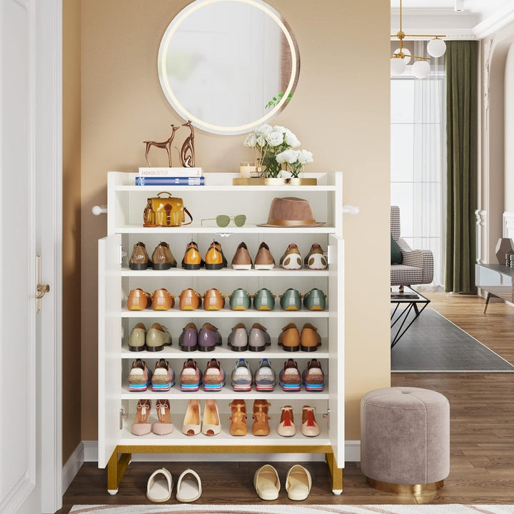 Tribesigns Shoe Cabinet 5-Tier Shoe Storage Cabinet with Open Shelves and Hooks, Freestanding Wooden Shoe Rack Storage Image 5