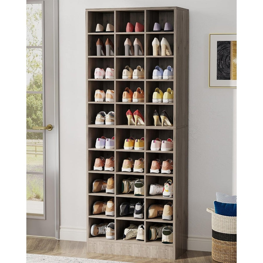 Tribesigns 10-Tier Shoe Storage Cabinet, Wooden Shoe Rack with 30 Cubbies, Freestanding Tall Entryway Shoe Organizer Image 1