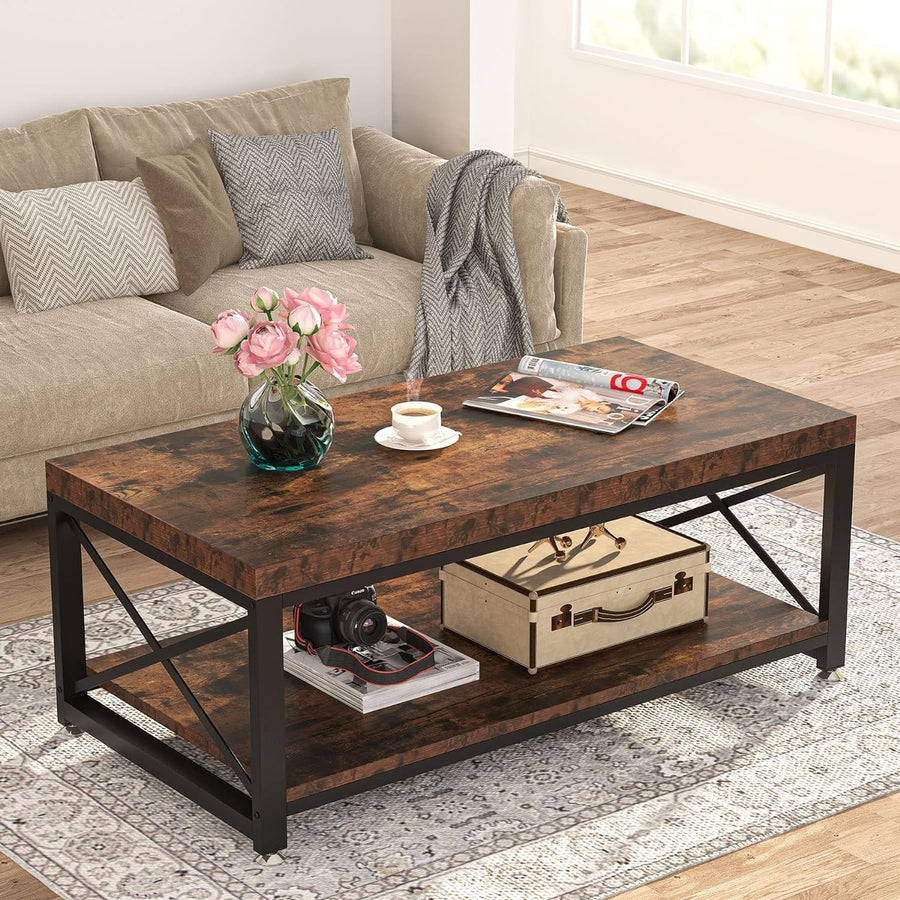 Tribesigns 43" Coffee Table with Storage Shelf for Living Room, 2 Tier Rectangle Center Table with X-Shaped Steel Frame Image 1