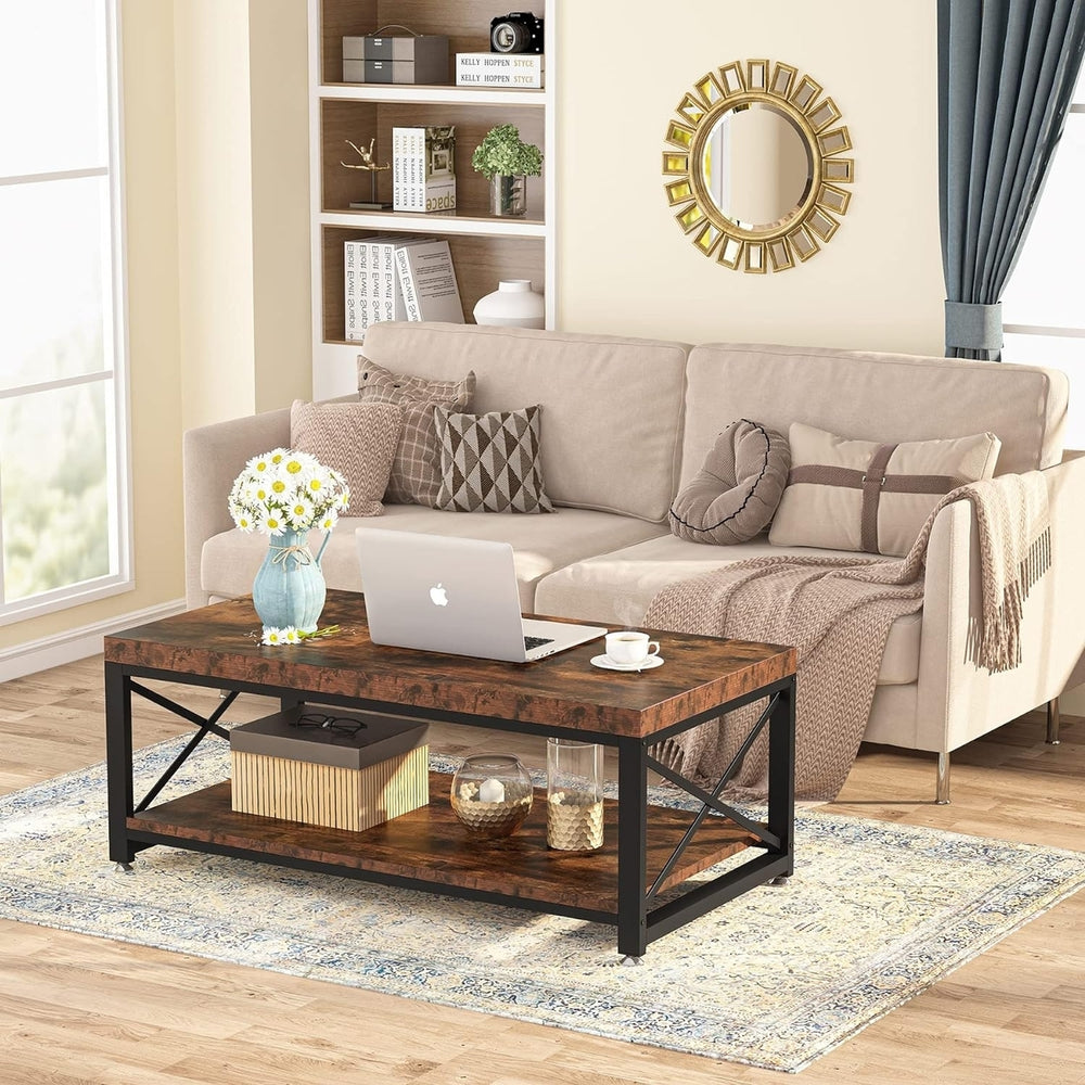 Tribesigns 43" Coffee Table with Storage Shelf for Living Room, 2 Tier Rectangle Center Table with X-Shaped Steel Frame Image 2
