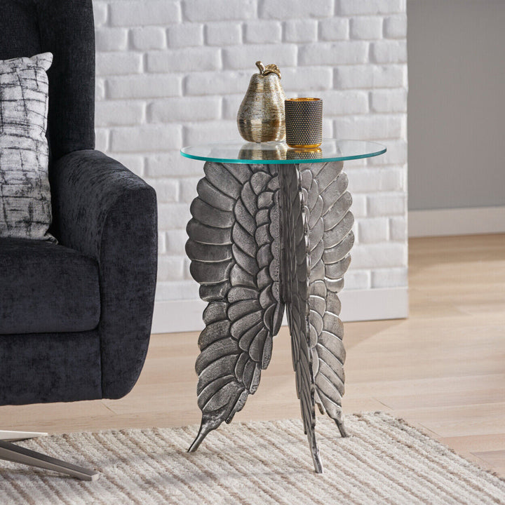 Hardt Boho Glam Handcrafted Aluminum Fairy Wing Accent Table with Glass Top Image 3