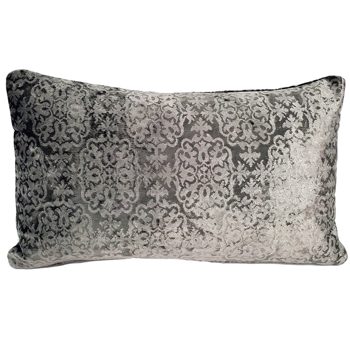 Artemis Pewter Gray Velvet Throw Pillow 12x20 Polyfill Insert Damask Pattern Image 1