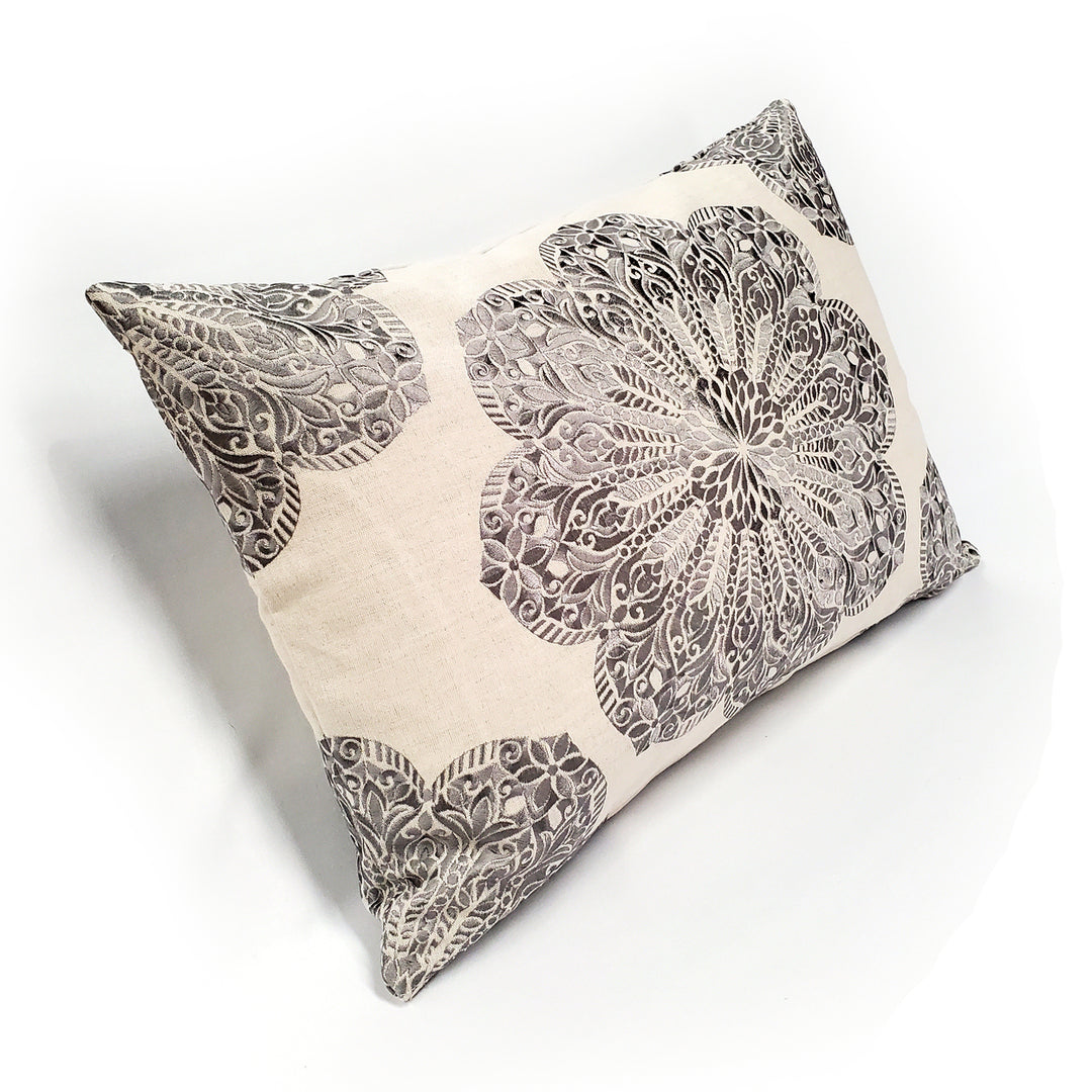 Mancini Gray Medallion Throw Pillow 16x24 Linen Cotton with Polyfill Insert Image 2