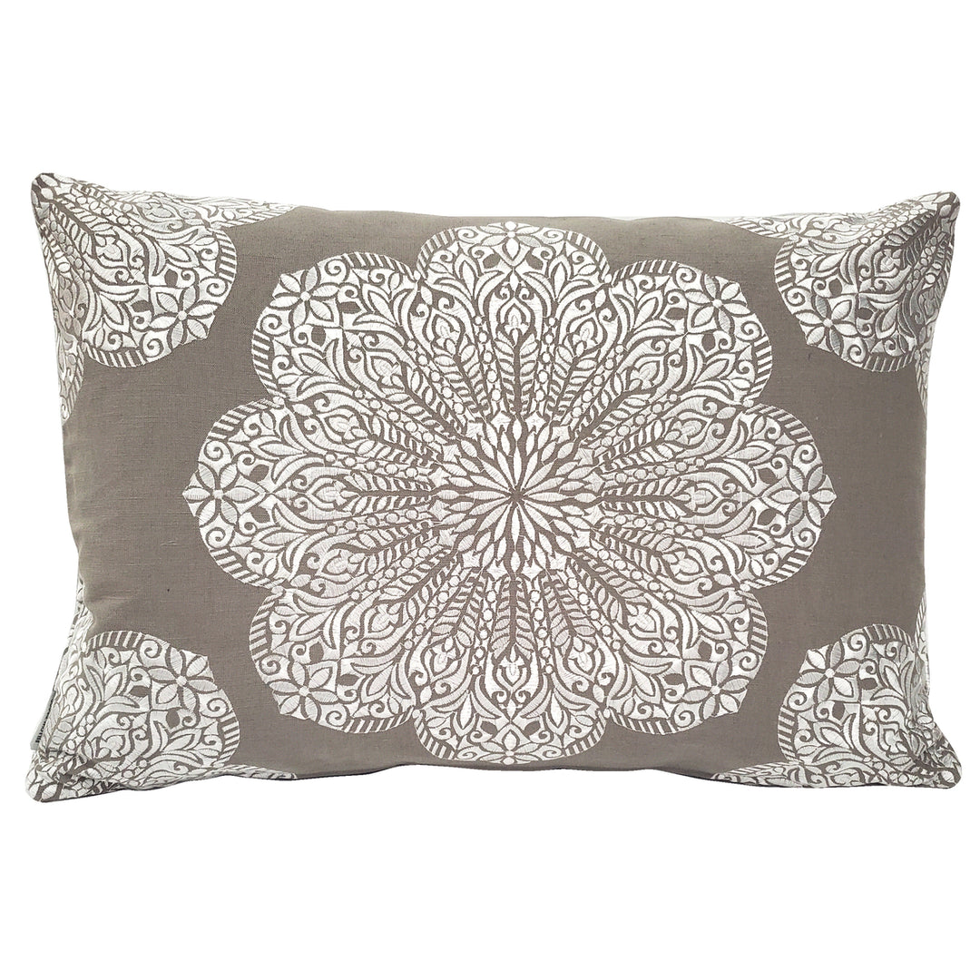 Mancini Dark Taupe Silver Medallion Embroidered Throw Pillow 16x24 Linen Cotton Image 1