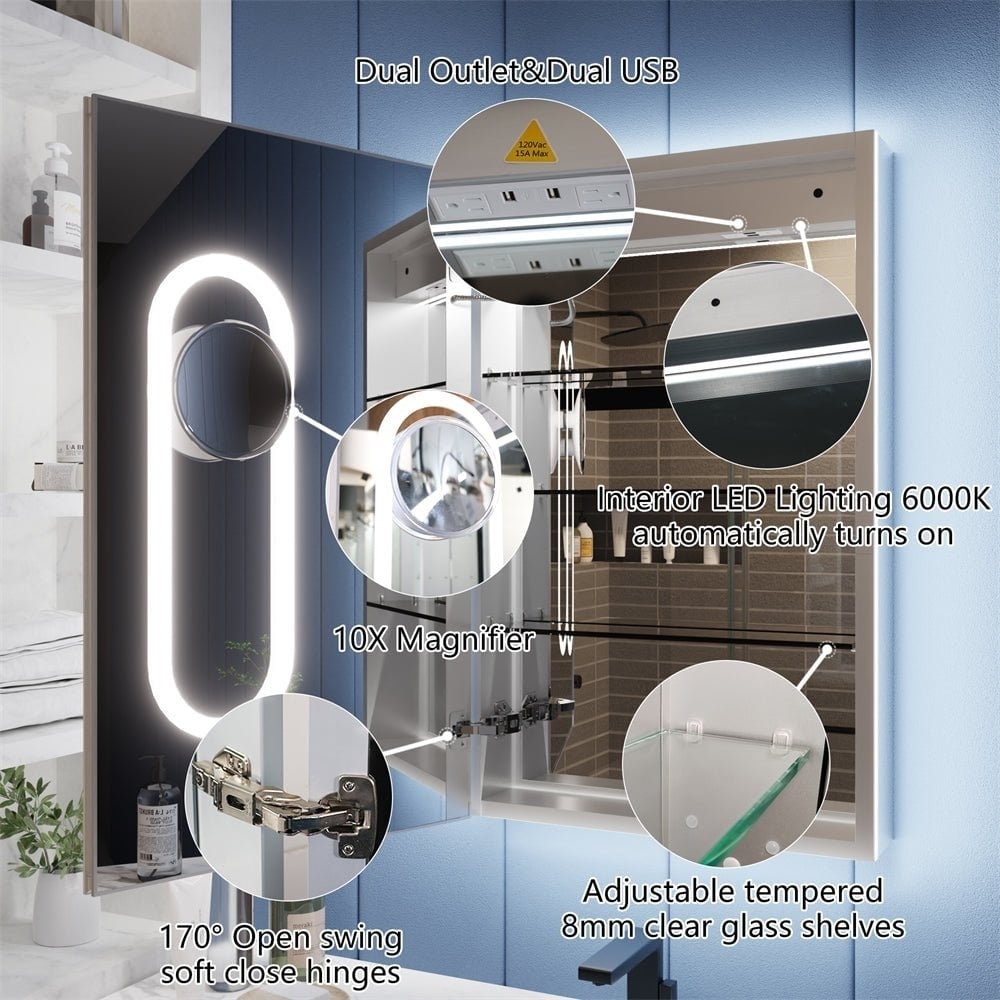 Illusion 20x32 LED Lighted Medicine Cabinet with Dual Magnifiers and USB Ports Image 6