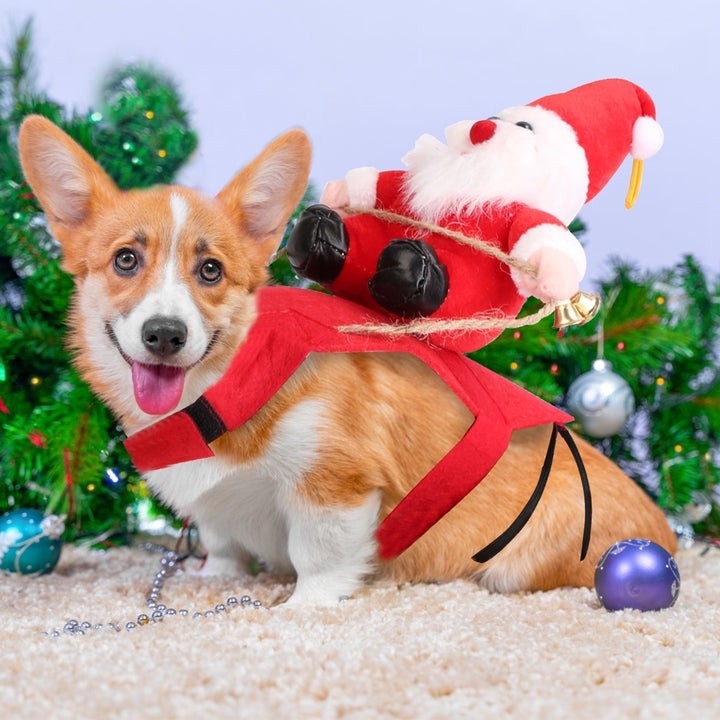 Red Pet Christmas Costume Dog Winter Coat Riding Santa with Bell Multiple Sizes Image 6