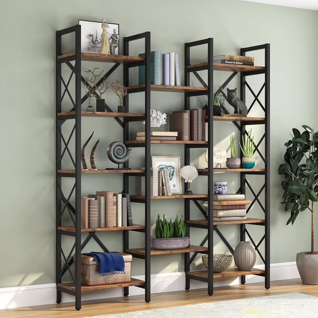 Tribesigns Triple Wide 5-Shelf Bookcase, Etagere Large Open Bookshelf Vintage Industrial Style Shelves Wood and Metal Image 1