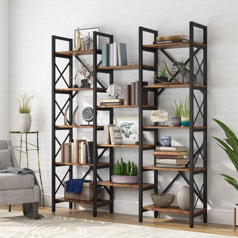 Tribesigns Triple Wide Bookcase 5-Shelf Wood Metal Industrial Style 69 H 59 W Image 2