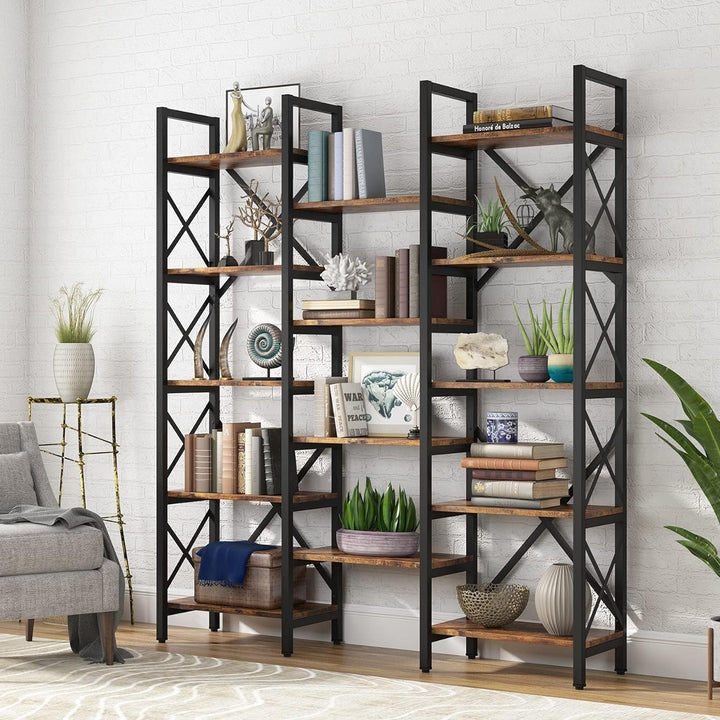 Tribesigns Triple Wide 5-Shelf Bookcase, Etagere Large Open Bookshelf Vintage Industrial Style Shelves Wood and Metal Image 2