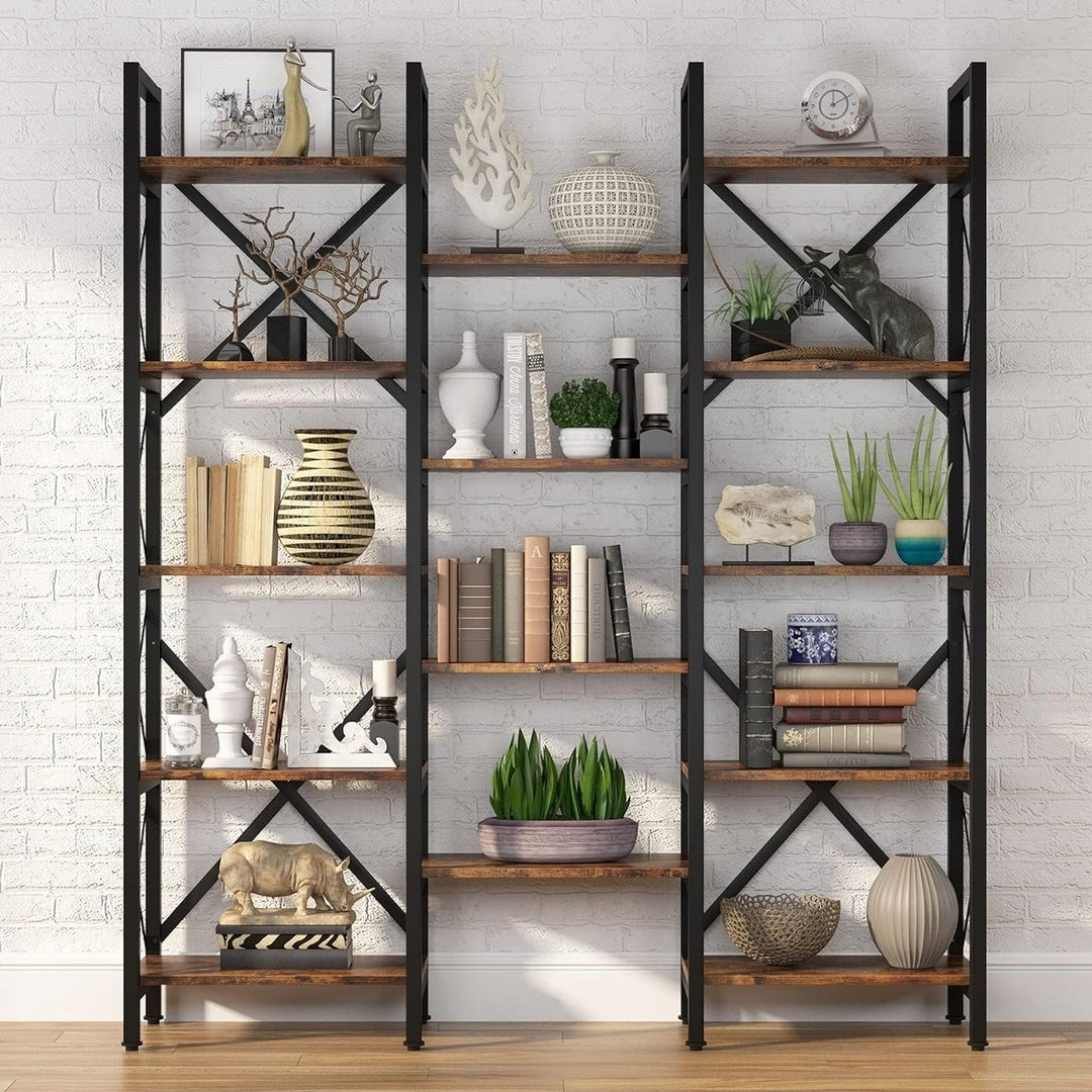 Tribesigns Triple Wide 5-Shelf Bookcase, Etagere Large Open Bookshelf Vintage Industrial Style Shelves Wood and Metal Image 3