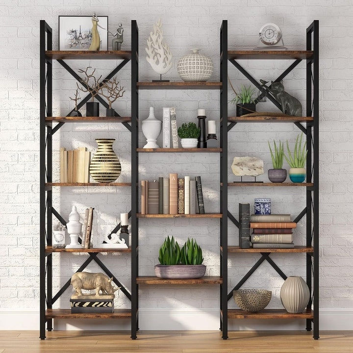 Tribesigns Triple Wide 5-Shelf Bookcase, Etagere Large Open Bookshelf Vintage Industrial Style Shelves Wood and Metal Image 3