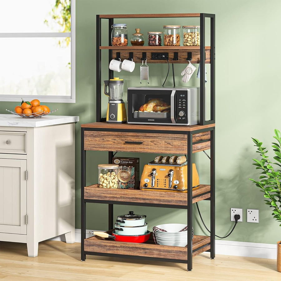 Tribesigns Kitchen Bakers Rack with Power Outlets, 5-Tier Microwave Oven Stand with Drawer and Sliding Shelves, Storage Image 1