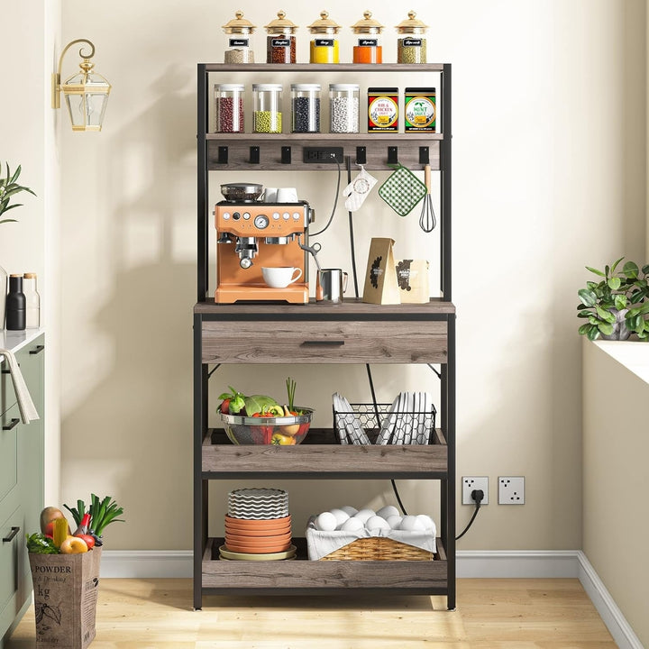 Tribesigns Kitchen Bakers Rack with Power Outlets, 5-Tier Microwave Oven Stand with Drawer and Sliding Shelves, Storage Image 7