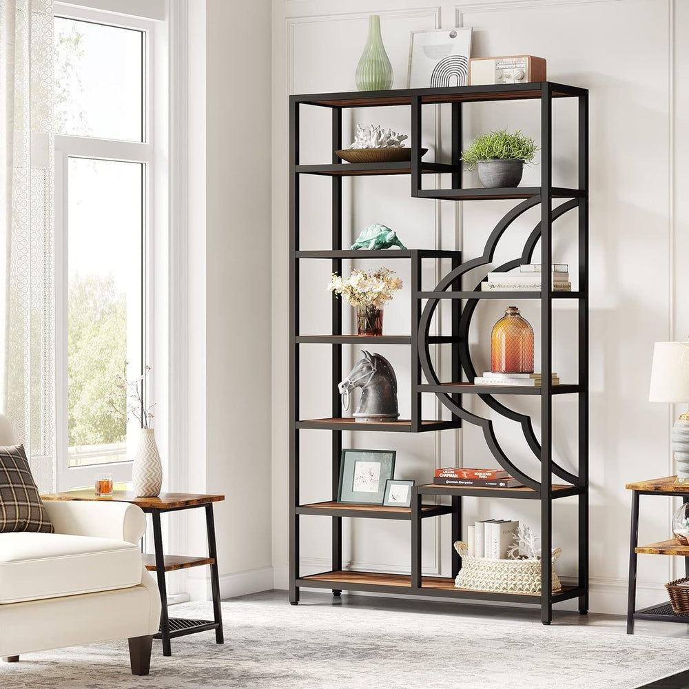 Tribesigns 11-Shelf Tall Bookcase Industrial Arc-Shaped Design Black Brown Image 2