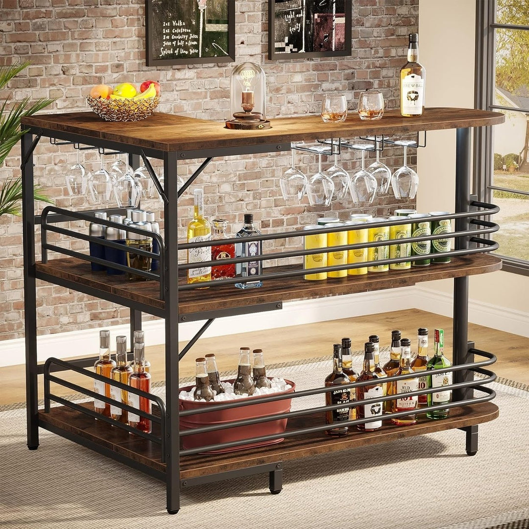 Tribesigns L-Shaped Corner Wine Bar Cabinet Rustic Brown 3 Tier Liquor Table Image 1