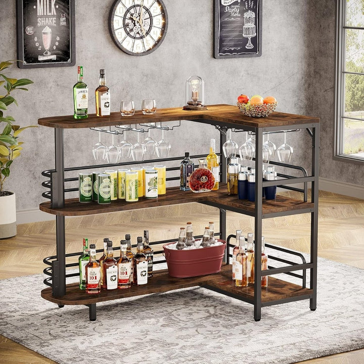 Tribesigns L-Shaped Corner Wine Bar Cabinet Rustic Brown 3 Tier Liquor Table Image 3