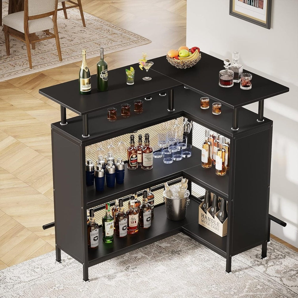 Tribesigns L-Shaped Liquor Bar Table Corner Coffee Bar with Stemware Racks Image 2