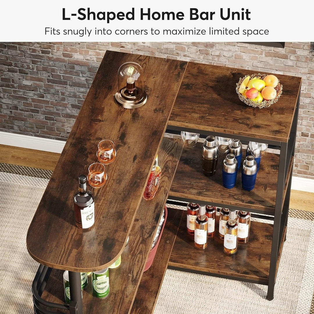 Tribesigns L-Shaped Corner Wine Bar Cabinet Rustic Brown 3 Tier Liquor Table Image 4