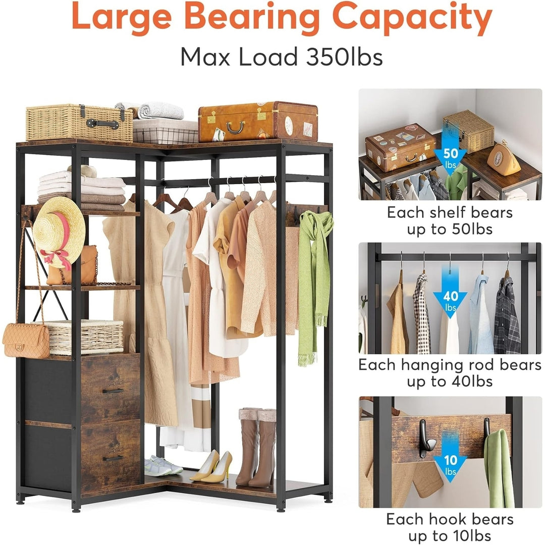Tribesigns Corner Clothes Rack, L Shaped Garment Rack with Shelves and 2 Fabric Drawers, Industrial Freestanding Closet Image 5