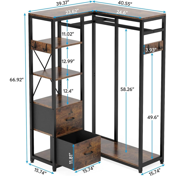 Tribesigns Corner Clothes Rack, L Shaped Garment Rack with Shelves and 2 Fabric Drawers, Industrial Freestanding Closet Image 7