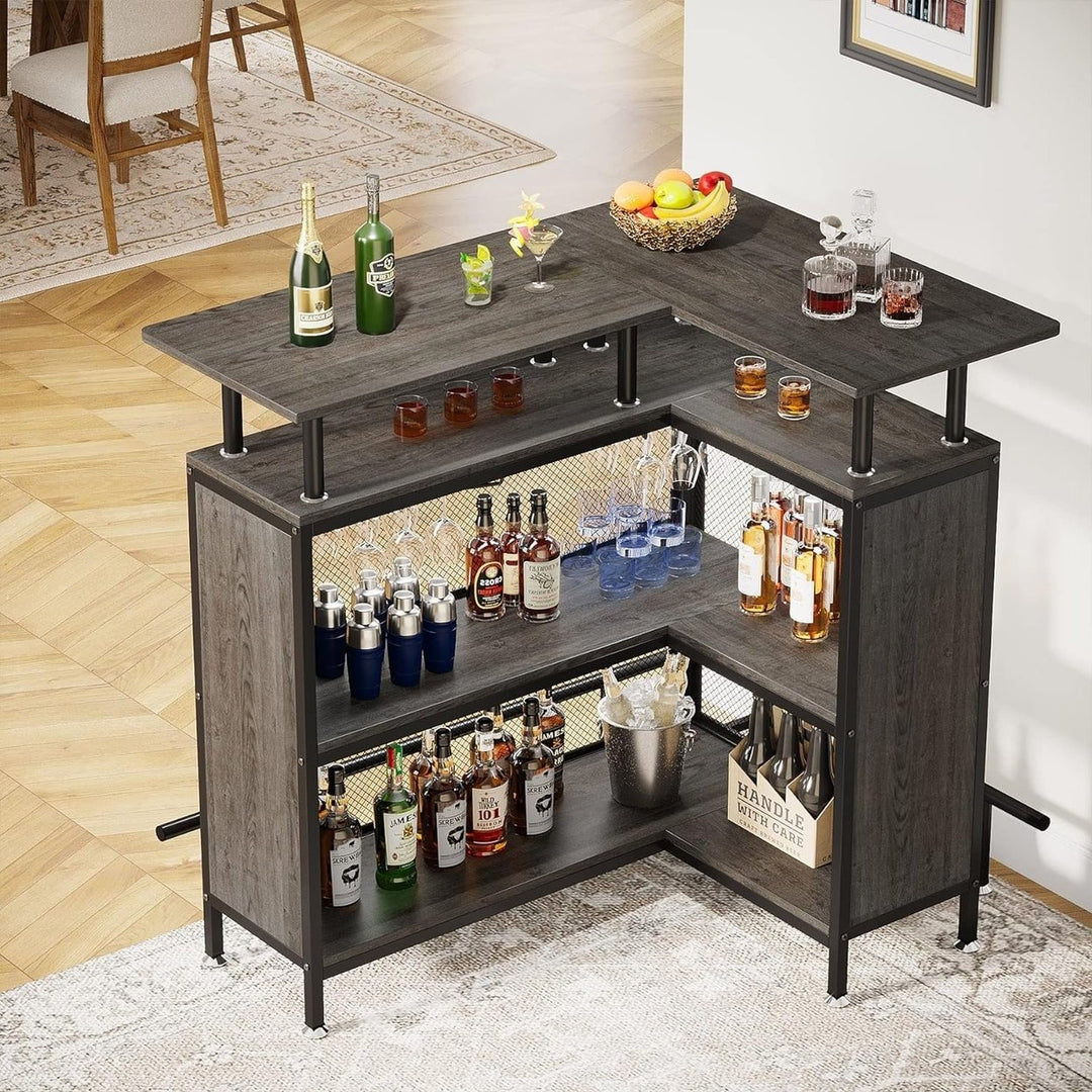 Tribesigns L-Shaped Liquor Bar Table Corner Coffee Bar with Stemware Racks Image 6