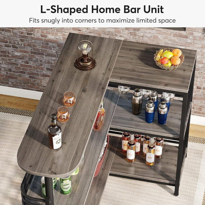 Tribesigns L-Shaped Corner Wine Bar Cabinet Rustic Brown 3 Tier Liquor Table Image 10