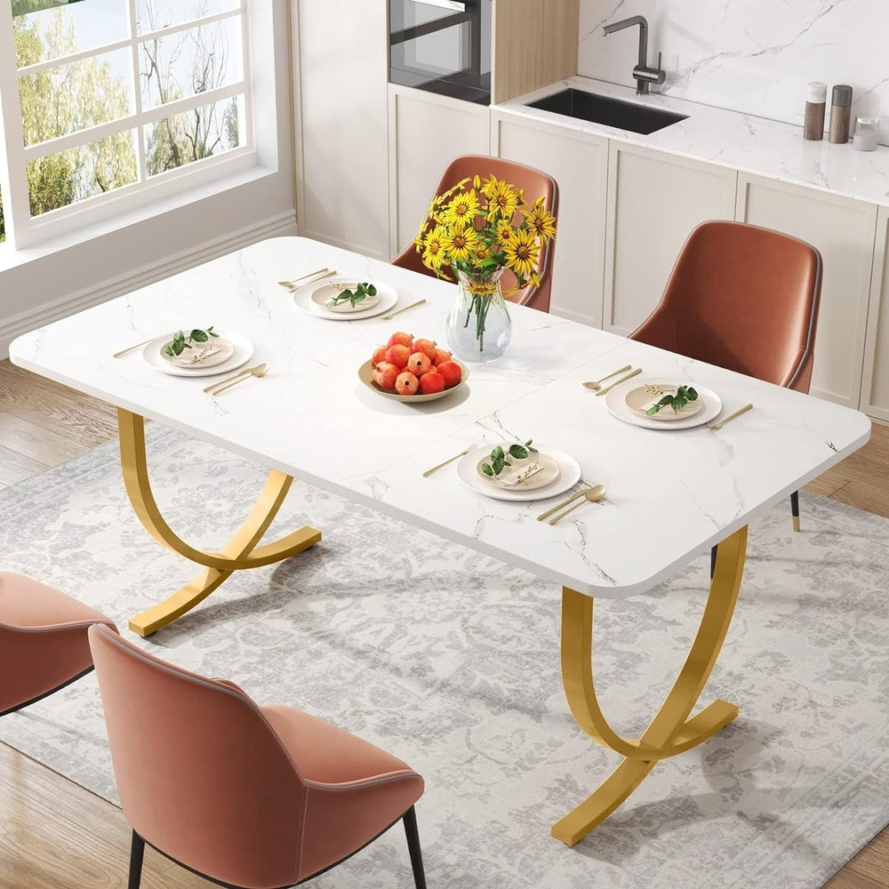 Tribesigns Rectangular Dining Table for 4, 63" Modern Kitchen Table with Faux Marble Table Top and Metal Legs Image 2